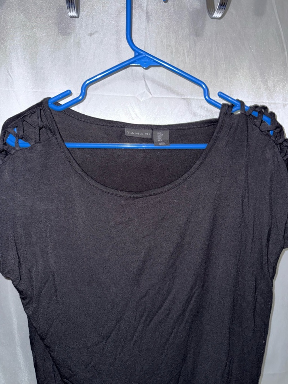 Tahari Black Short Sleeve Top with Lattice Shoulder Detail